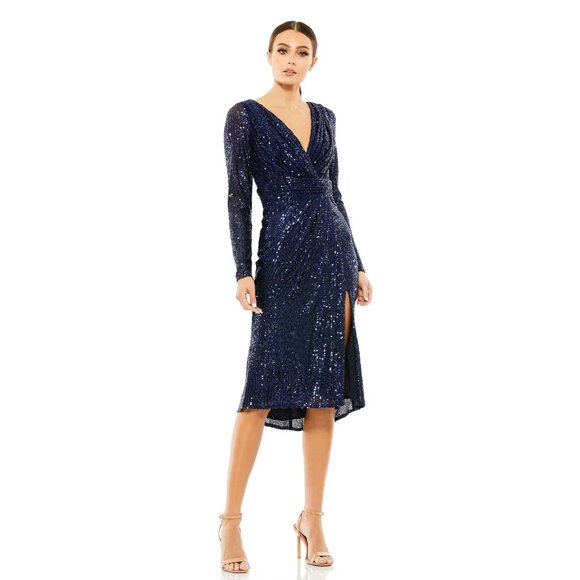 Mac Duggal V-Neck Long Sleeve Sequined Midi Dress in Midnight Navy Size 12 - Picture 1 of 12
